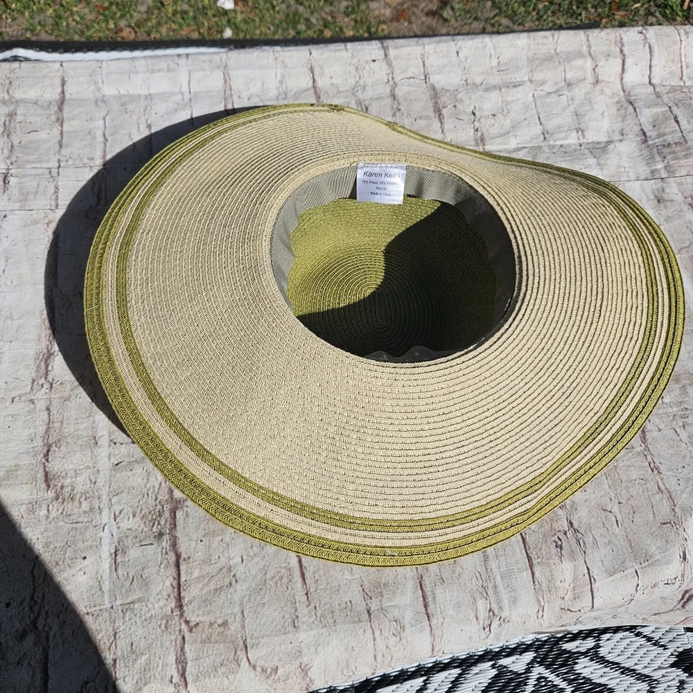 Karen KEITH Green STRAW wide Rim Straw Hat Medium Boho